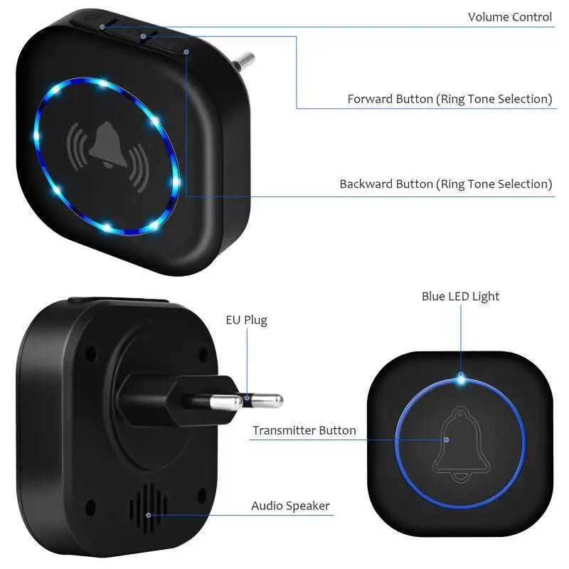 جرس باب ذكي لاسلكي مقاوم للماء IP55 مع 300 متر نطاق و4 مستويات صوت وترانيم متعددة سهل التركيب