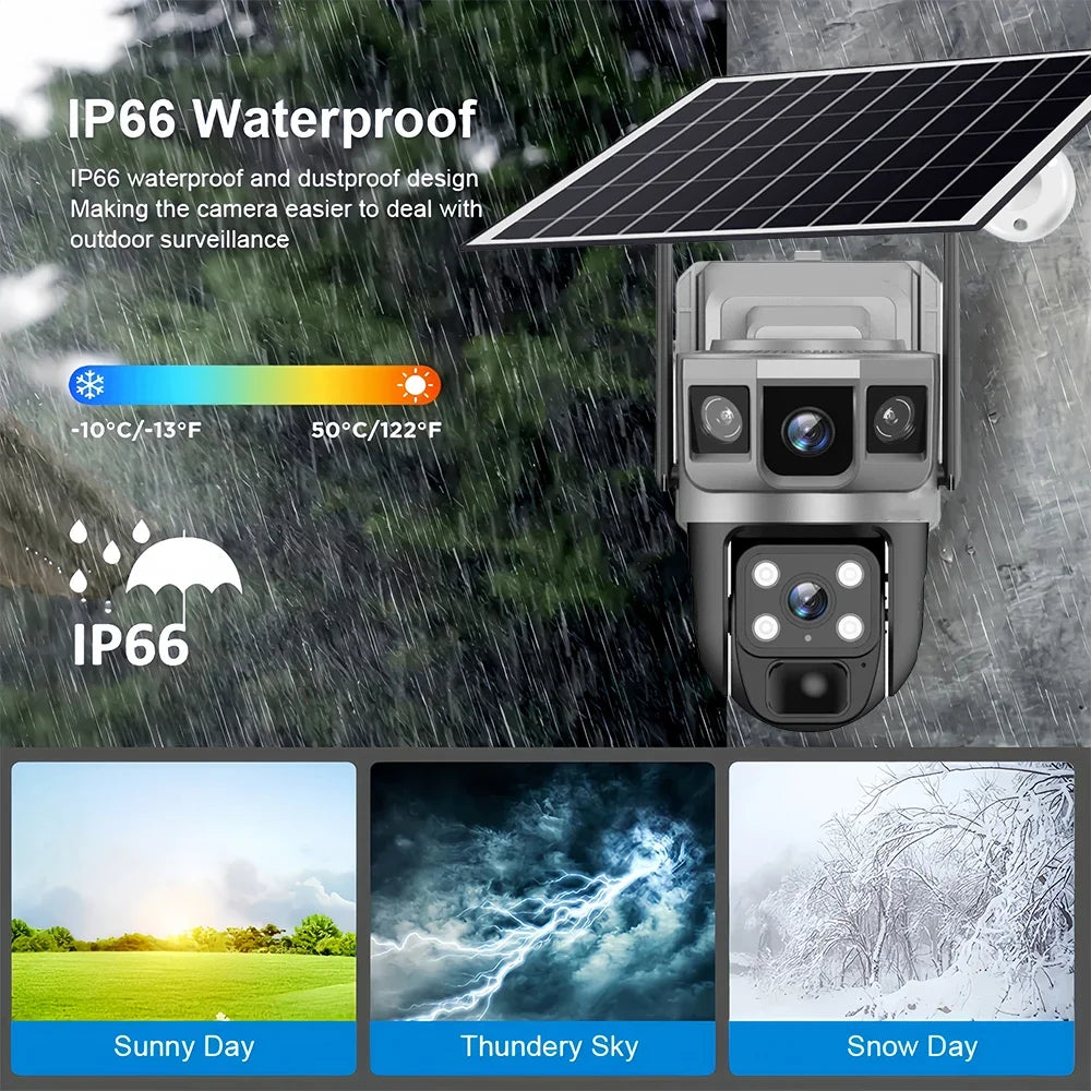 كاميرا أمان شمسية مزدوجة العدسة بدقة 2.5K مع رؤية ليلية باللون الأسود وكشف الحركة الذكي - مقاومة للماء وتعمل بتقنية 4G