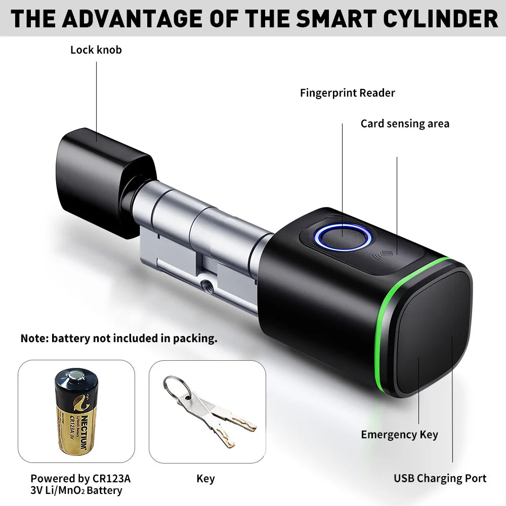 قفل أسطوانة ذكي بدون مفتاح مع تطبيق Tuya Smartlife و RFID NFC بطاقة IC وكود PIN/ بصمة إصبع ومفتاح ميكانيكي يدعم البوابة