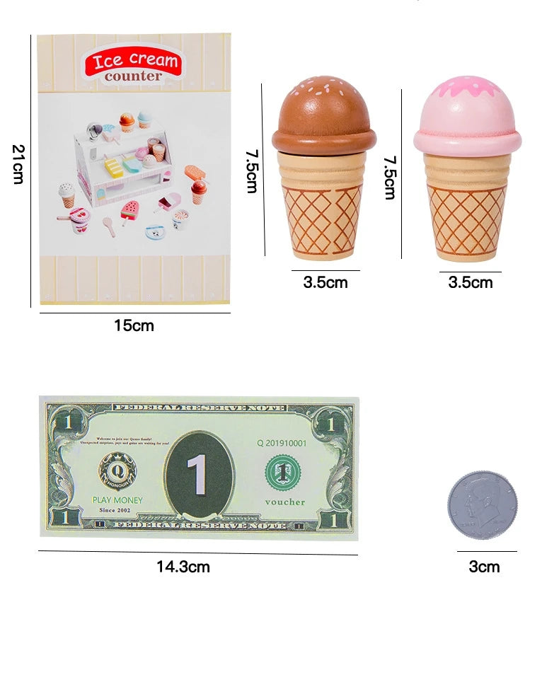 طقم لعبة عداء الآيس كريم الخشبي للأطفال، لعبة تقليد مطبخ مونتيسوري للأطفال، ألعاب غذائية تعليمية للأطفال