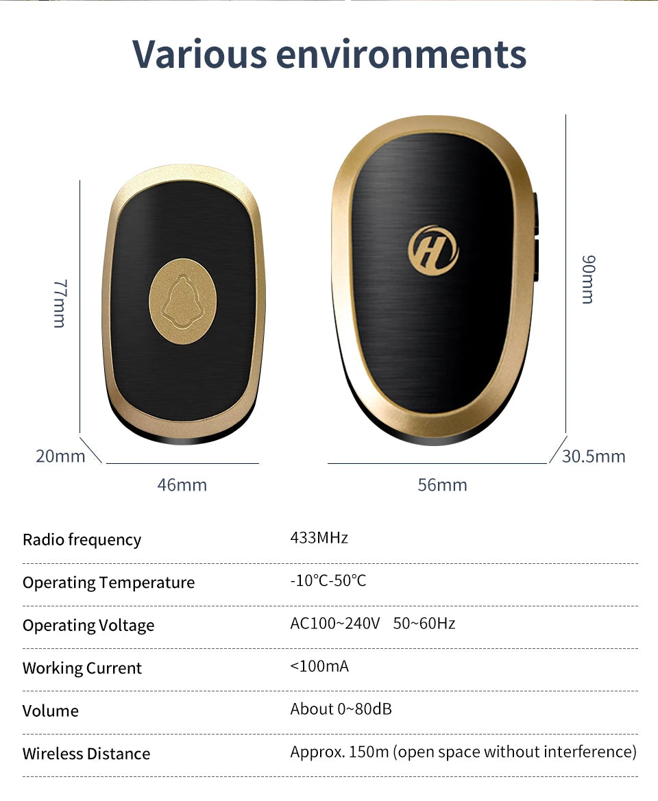 جرس باب لاسلكي RF 433MHz ذكي مع 38 نغمة ورنين وبطارية لمسافة 150م للمنزل والمتاجر