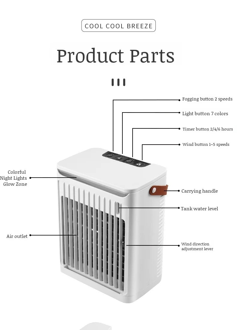 مبرد هواء مكتبي محمول 3 في 1 مع مرطب منزلي ومروحة تبريد صغيرة مزودة بضوء LED ملون للضباب ليلاً للمكتب