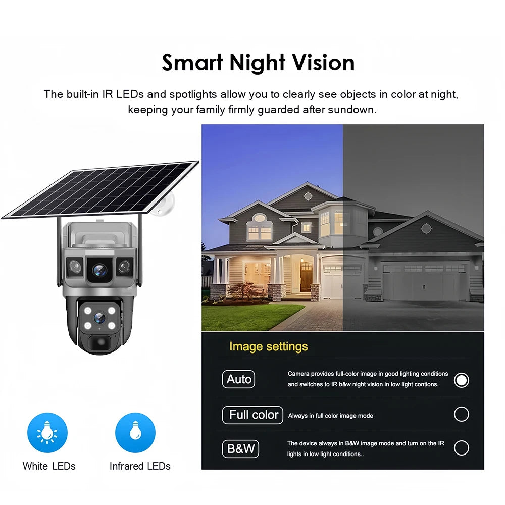 كاميرا شمسية خارجية 4G مع شريحة SIM ثلاث شاشات واي فاي 12MP 6K CCTV للحماية مزودة ببطارية مدمجة وكاميرا PIR V380Pro