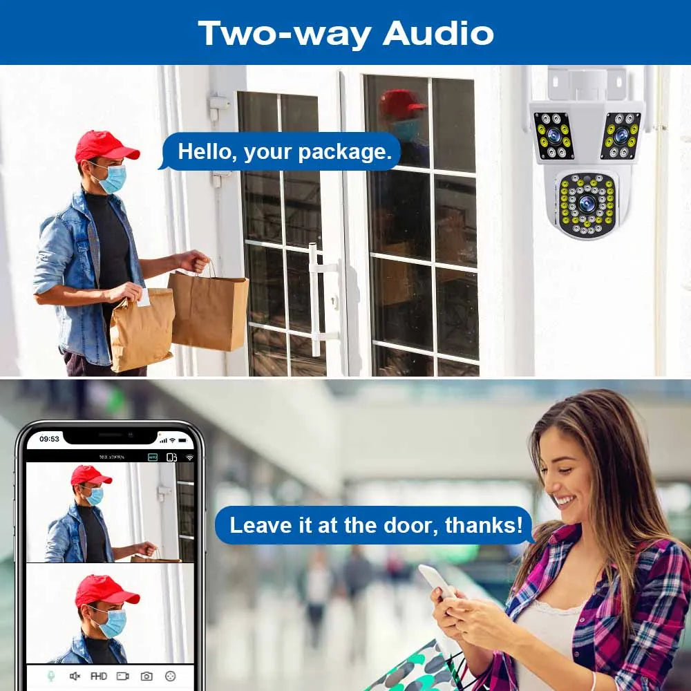 كاميرا واي فاي IP 6K HD ثلاث عدسات كاميرا مراقبة خارجية مع كشف الحركة ومقاومة للماء