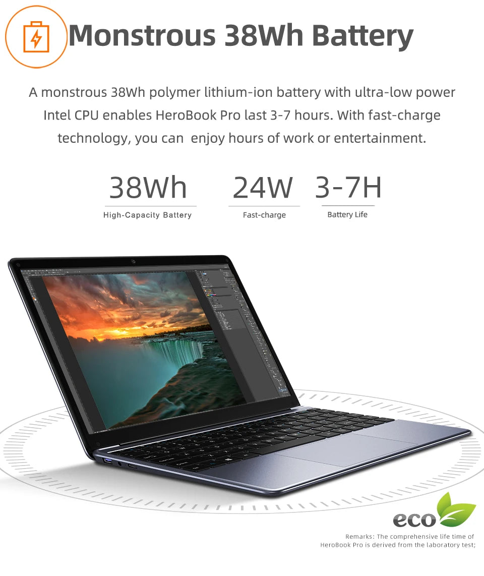 لابتوب CHUWI HeroBook Pro 14.1" بشاشة FHD ومعالج انتل سيليرون N4020 وذاكرة RAM سعة 6GB وسعة تخزين 128GB ROM ونظام ويندوز 11 مع لوحة مفاتيح كاملة الحجم