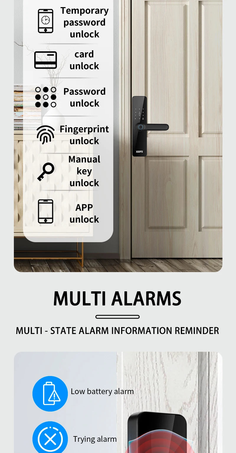 قفل باب إلكتروني واي فاي XSDTS مع تطبيق تويا وفتح بالبصمة والبطاقة الذكية وكلمة المرور للمنزل والشقة