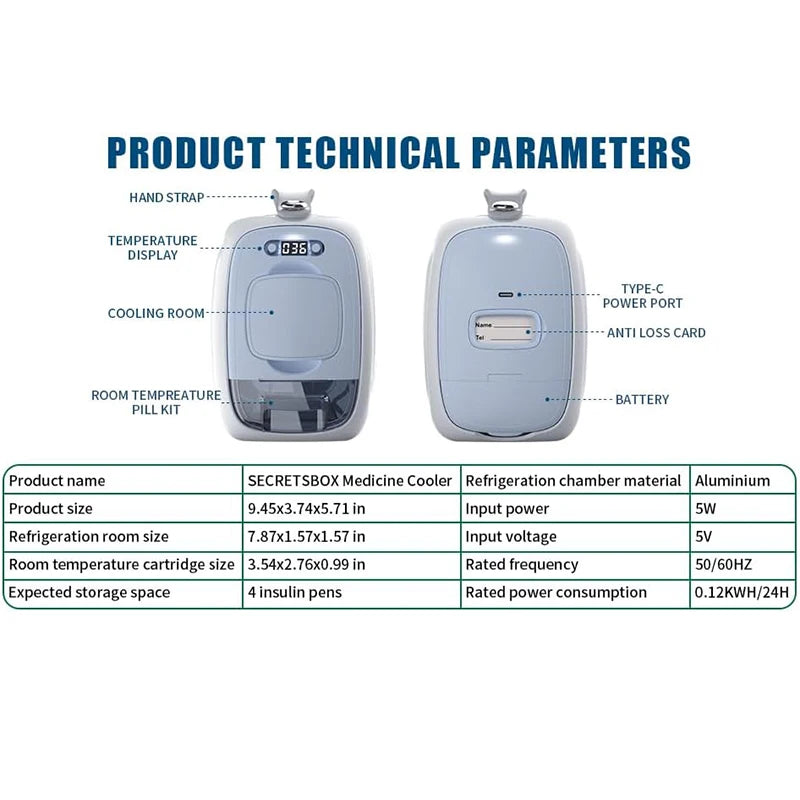 ثلاجة محمولة كبيرة للأنسولين مع بطارية قابلة للشحن - علبة سفر لتبريد الأدوية مع شاحن USB ومؤشر رقمي