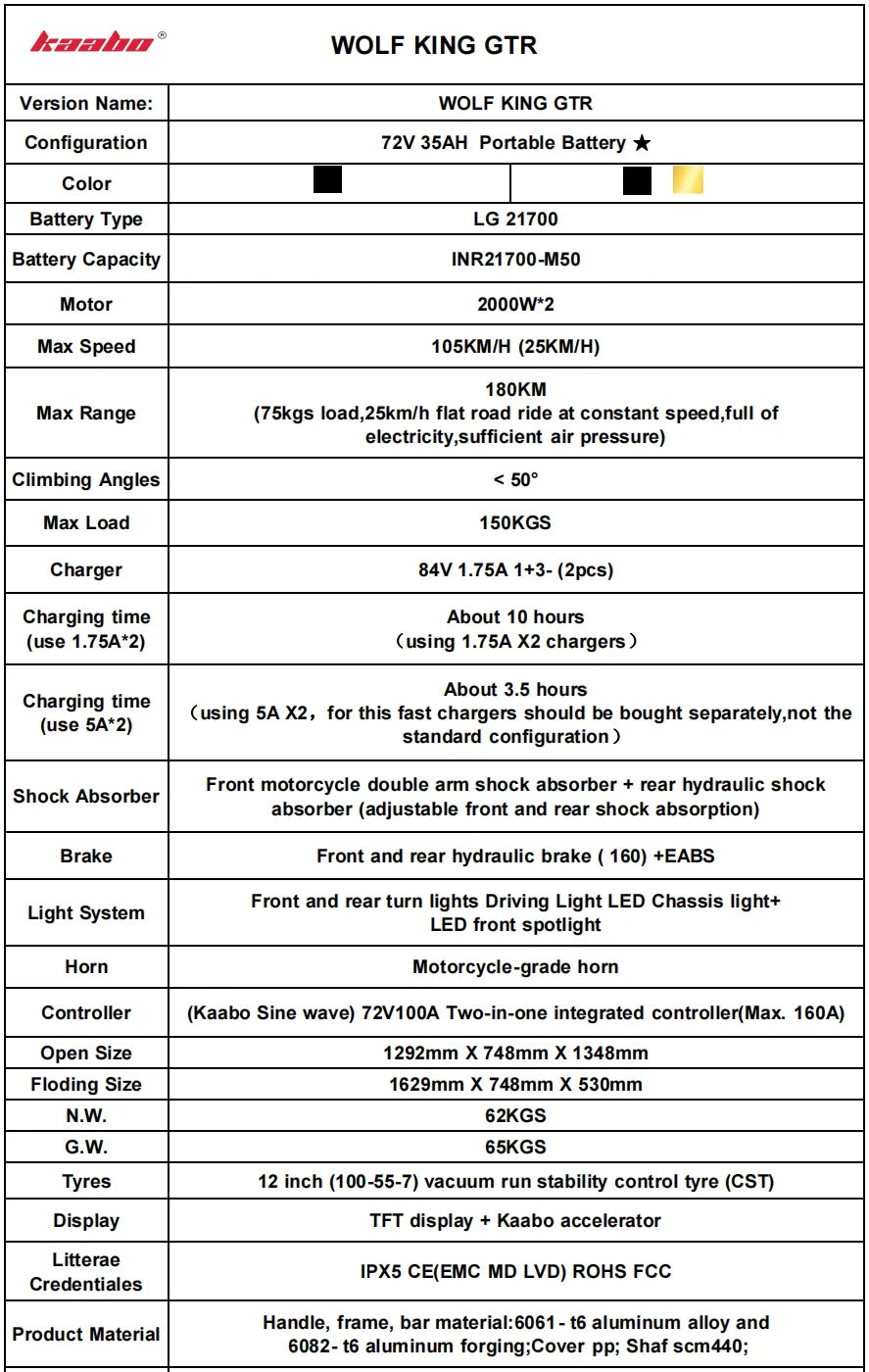 سكوتر كهربائي قابل للطي Kaabo Wolf King GTR بقوة 4000 واط، بطارية محمولة 72V 35Ah، فرامل هيدروليكية كاملة، ومقاوم للماء