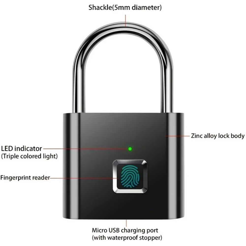 قفل ذكي بدون مفتاح بشحن USB وقفل بصمة إصبع مقاوم للماء قفل محمول مضاد للسرقة مصنوع من الزنك