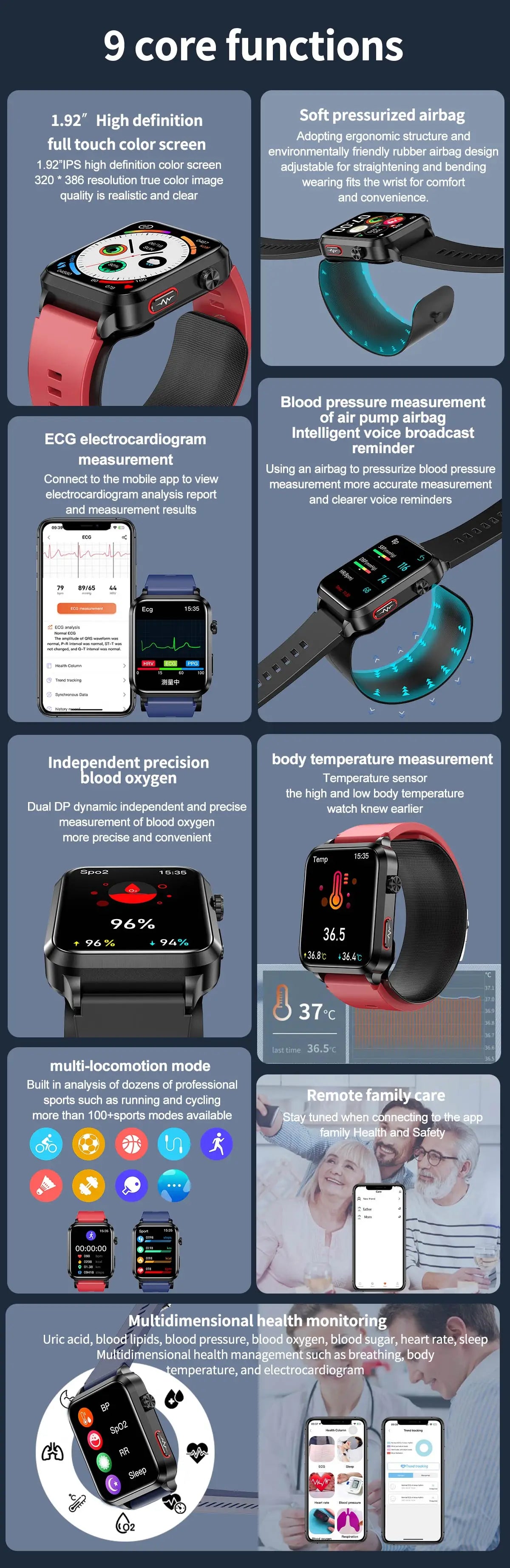 ساعة ذكية صحية 2024 مع مضخة هواء وكشف دقيق لضغط الدم ECG+PPG لمراقبة معدل ضربات القلب ومستويات السكر في الدم للرجال والنساء