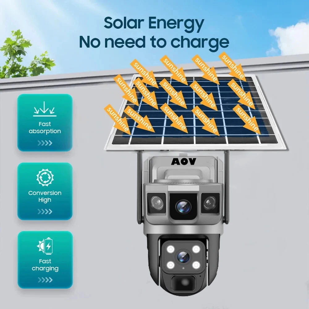 كاميرا أمان شمسية مزدوجة العدسة بدقة 2.5K مع رؤية ليلية باللون الأسود وكشف الحركة الذكي - مقاومة للماء وتعمل بتقنية 4G