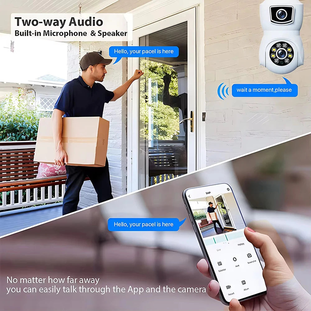 كاميرا واي فاي لمبة E27 بدقة 8MP 4K مع عدستين وشاشة مزدوجة تتبع تلقائي صوت ثنائي الاتجاه ورؤية ليلية ملونة لكاميرا الأمان الخارجية