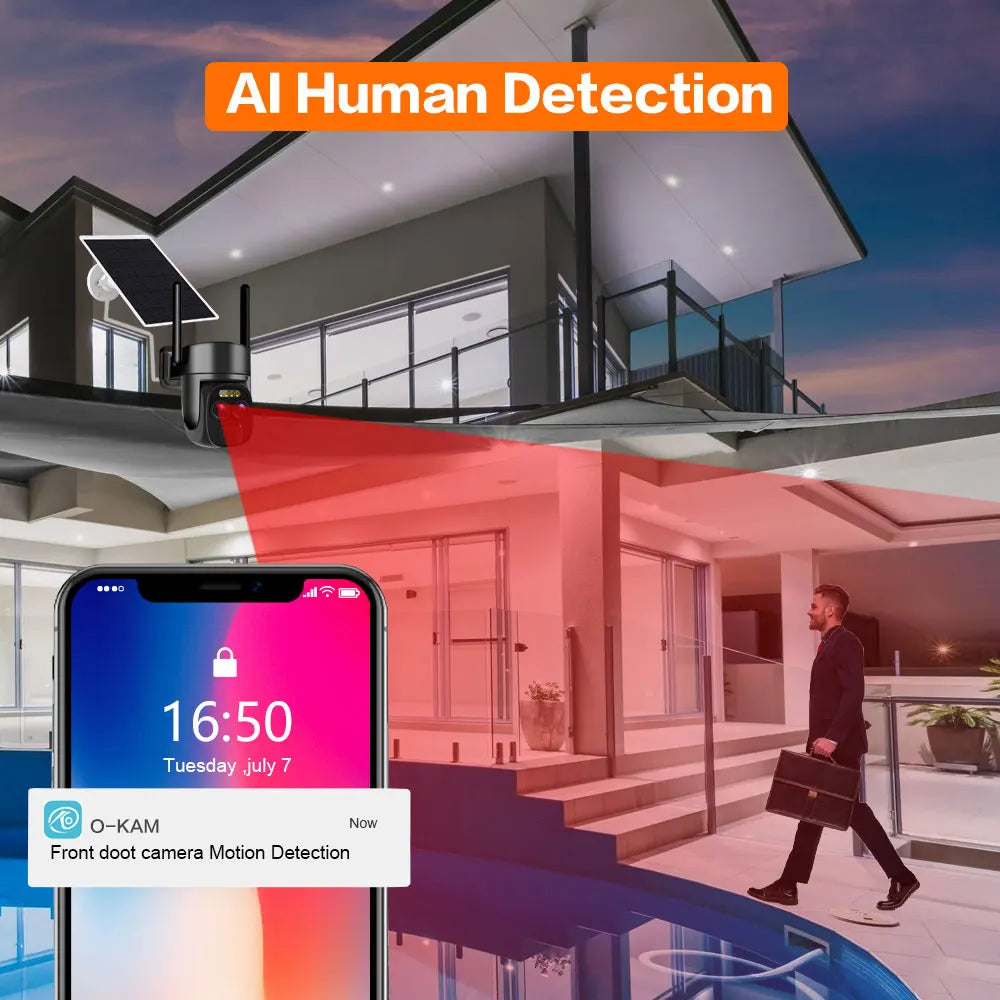 كاميرا مراقبة خارجية واي فاي PTZ شمسية بدقة 8 ميجابكسل مع عدستين مزدوجتين وزوم 10x تتبع تلقائي بتقنية 4K مع تطبيق O-Kam