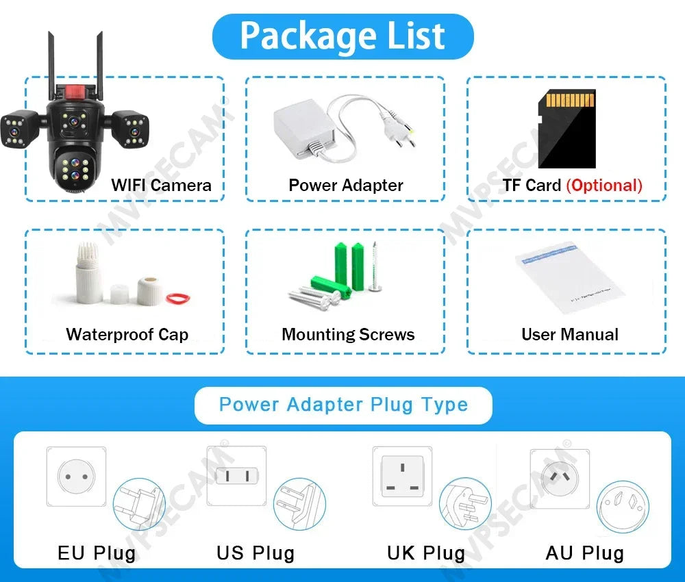 كاميرا واي فاي IP خارجية بدقة 10K UHD مع تقريب بصري 10X وتتبع تلقائي PTZ بخمس عدسات وأربع شاشات، كاميرا أمنية مقاومة للماء للمنزل الذكي