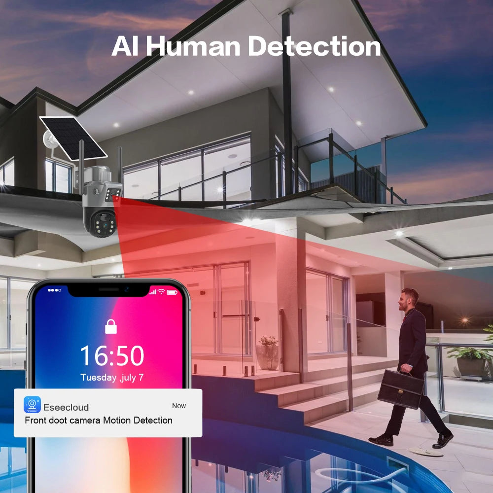 كاميرا مراقبة خارجية بتقنية 4K وعدستين وواي فاي تعمل بالطاقة الشمسية مع رؤية ليلية ملونة وكاميرا CCTV بدون أسلاك بدقة 8 ميجابكسل