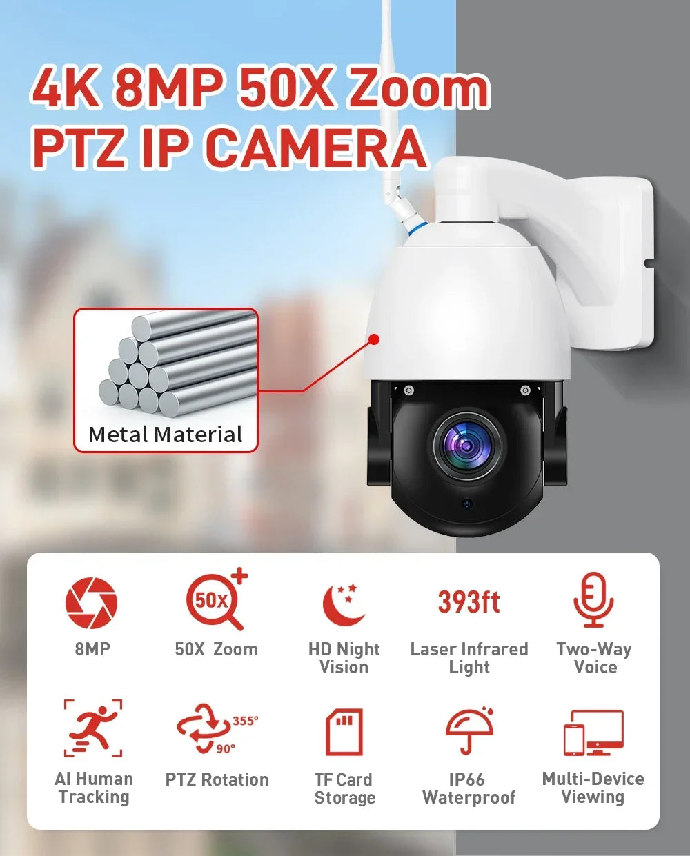 كاميرا واي فاي IP خارجية بدقة 4K و8MP مع تكبير بصري 50X وتحكم PTZ - كاميرا أمان معدنية مع رؤية ليلية بالأشعة تحت الحمراء