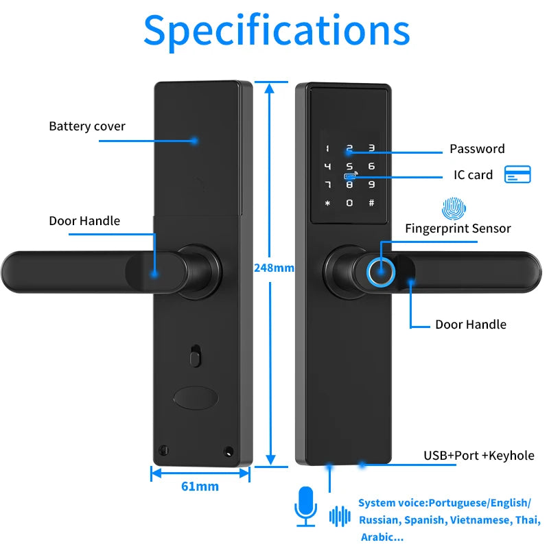 قفل باب إلكتروني بيومتري ذكي أسود مع تطبيق تويا وفتح عن بُعد بواسطة بصمة الإصبع