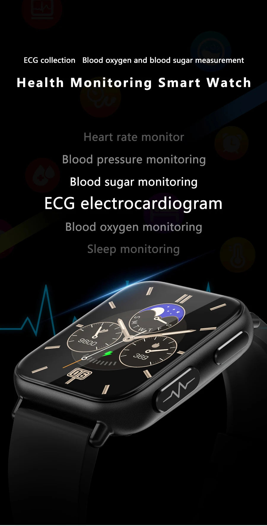 ساعة ذكية جديدة لقياس مستوى السكر في الدم بتقنية ECG+PPG للرجال بشاشة HD 1.91 بوصة مع تشخيص طبي ذكي غیر جراحي