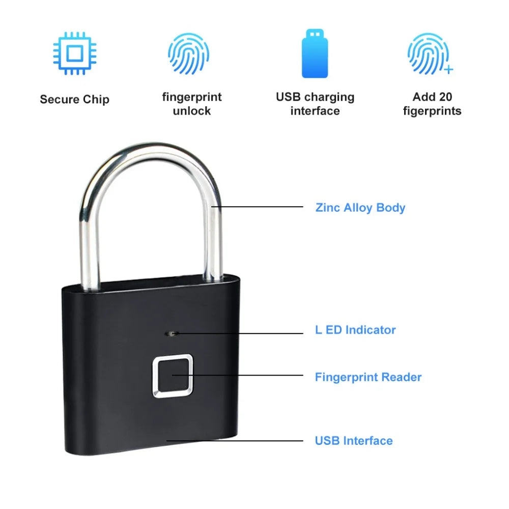 قفل ذكي بدون مفتاح بشحن USB وقفل بصمة إصبع مقاوم للماء قفل محمول مضاد للسرقة مصنوع من الزنك