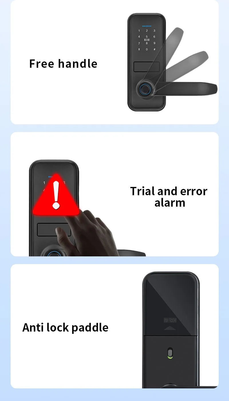 قفل باب ذكي بتقنية بصمة الإصبع وكلمة المرور عبر تطبيق TTlock من Tuya مع خاصية الفتح عن بُعد والبطاقة الذكية