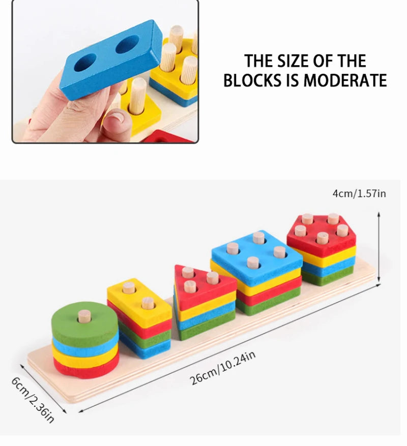 ألعاب تركيب الأشكال الهندسية الخشبية للأطفال - مجموعة من خمسة أعمدة للتعليم المبكر والتسلية
