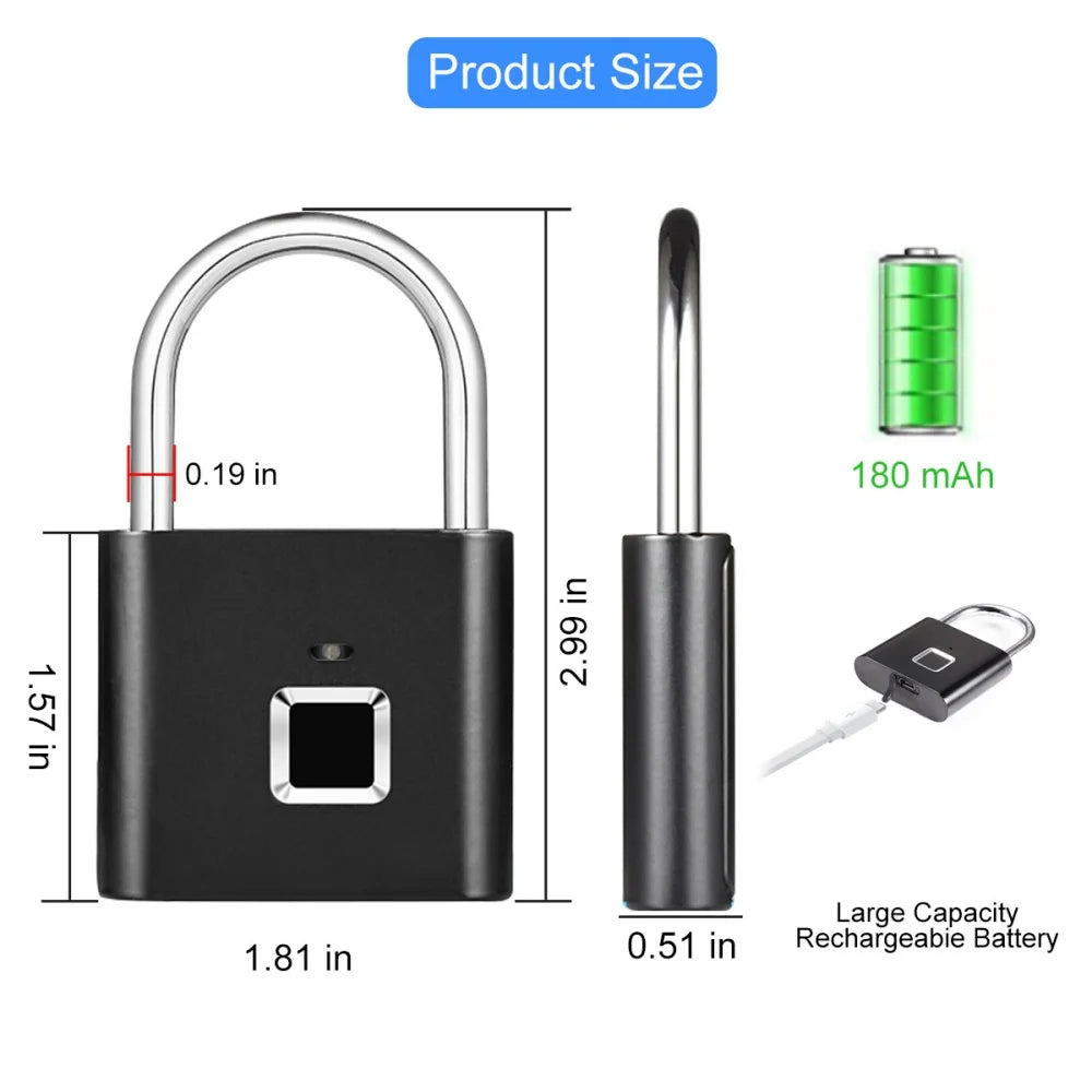 قفل ذكي بدون مفتاح بشحن USB وقفل بصمة إصبع مقاوم للماء قفل محمول مضاد للسرقة مصنوع من الزنك