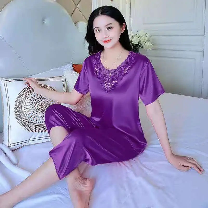 طقم بيجامات نسائية كبيرة الحجم 4XL من حرير الساتان، ملابس نوم ربيعية وخريفية، بيجامة منزلية مكونة من قطعتين