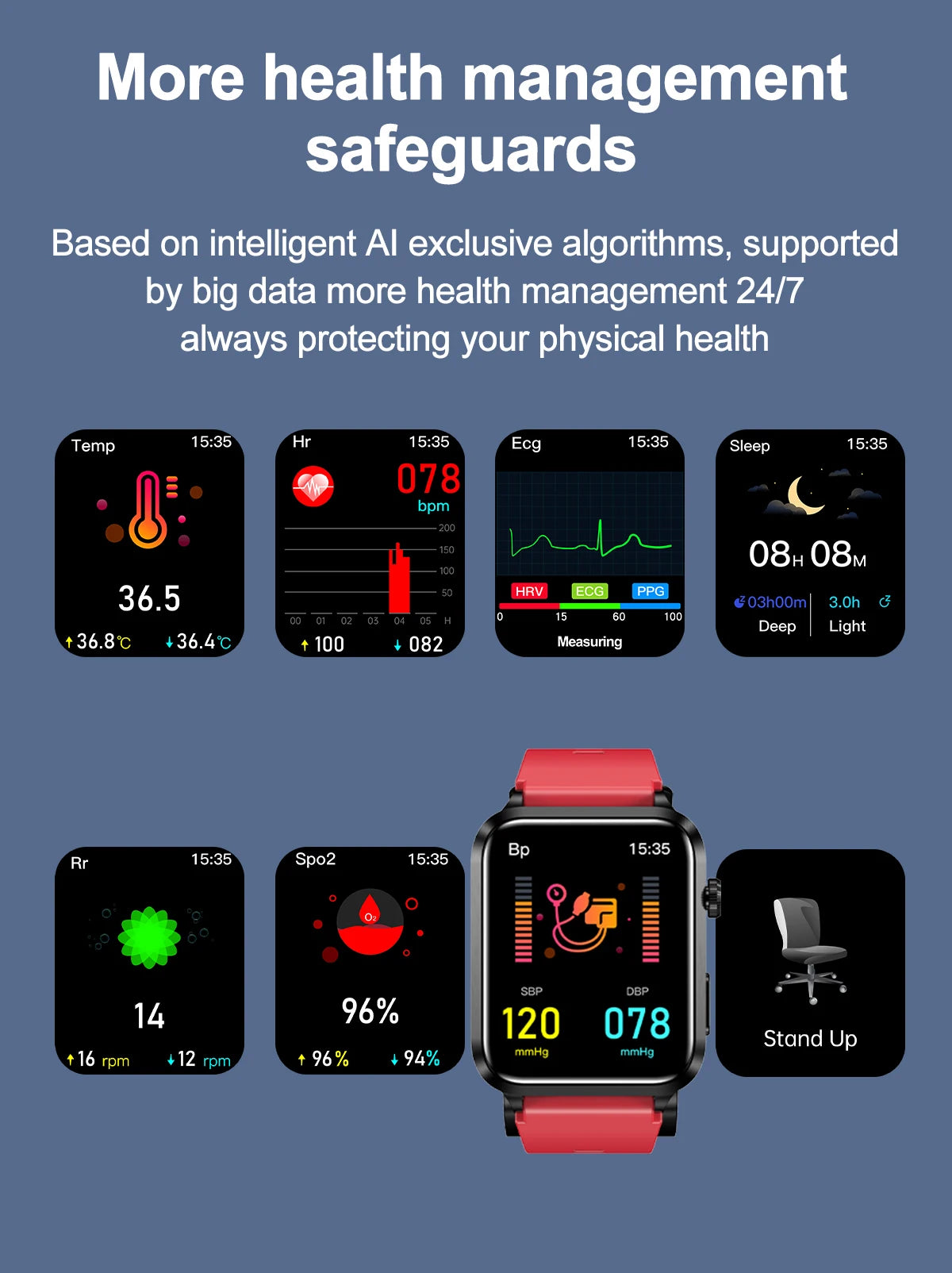 ساعة ذكية صحية 2024 مع مضخة هواء وكشف دقيق لضغط الدم ECG+PPG لمراقبة معدل ضربات القلب ومستويات السكر في الدم للرجال والنساء