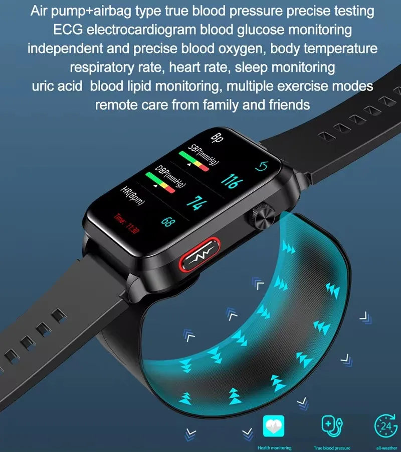 ساعة ذكية صحية 2024 مع مضخة هواء وكشف دقيق لضغط الدم ECG+PPG لمراقبة معدل ضربات القلب ومستويات السكر في الدم للرجال والنساء