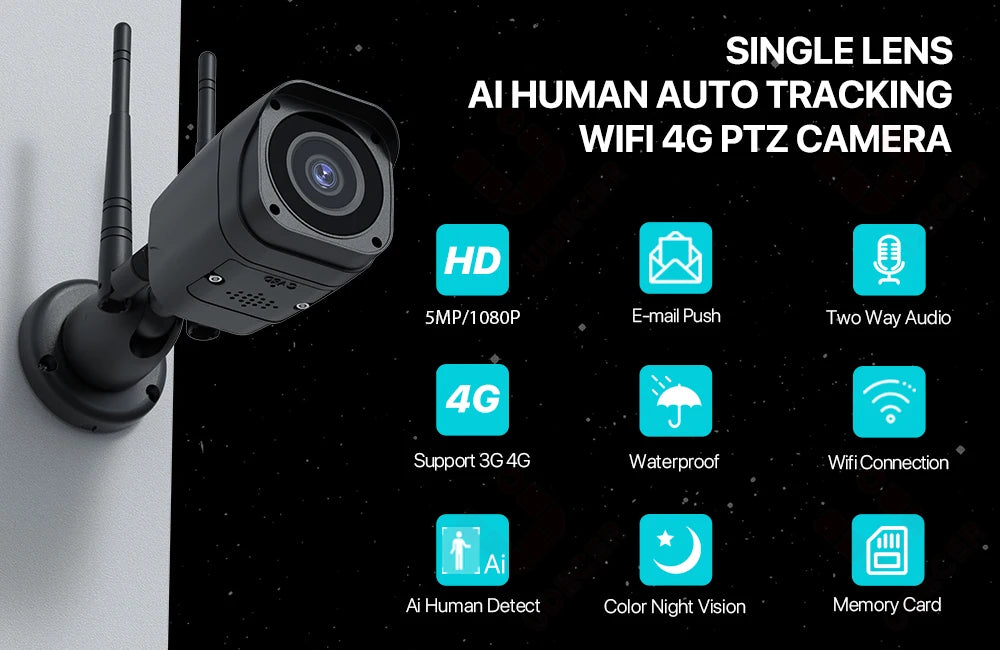 كاميرا مراقبة خارجية HD 5MP مع بطاقة SIM 4G - كاميرا سلكية 1080P WIFI بتقنية التصوير الليلي في هيكل معدني