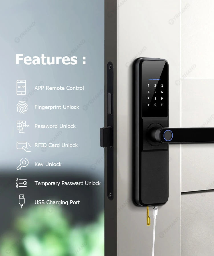 قفل ذكي بيومتري مقاوم للماء مع تطبيق واي فاي من YRHAND - قفل باب رقمي مع بصمة إصبع وبطاقة IC للمنزل