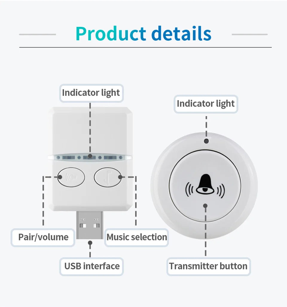 جرس باب لاسلكي DC 5V RF433 MHz مع تحكم عن بعد، 30 نغمة متاحة، تعديل حجم الصوت، مثالي للاستخدام في المنزل أو في الهواء الطلق، جرس USB لرعاية السرير واستدعاء المساعدة