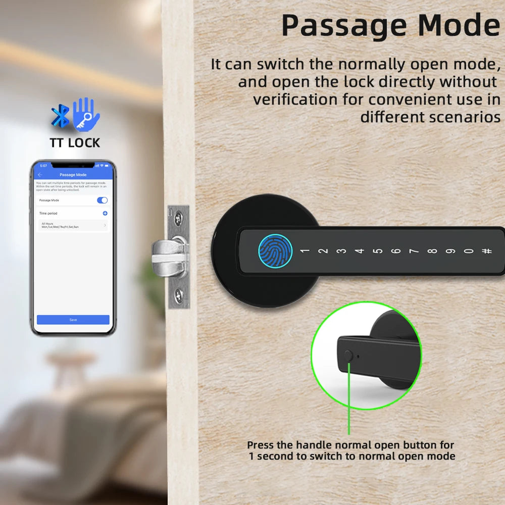 قفل باب إلكتروني RAYKUBE M5 TT Lock مع بصمة الأصبع وكلمة المرور وفتح القفل عبر تطبيق TT Lock لنمط المرور لغرفة النوم