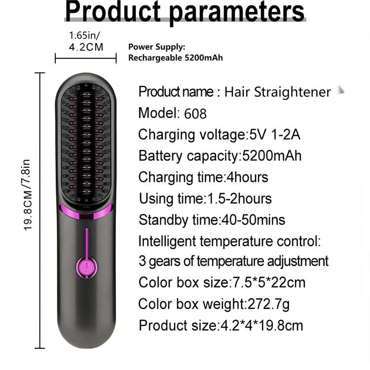 فرشاة فرد الشعر اللاسلكية القابلة لإعادة الشحن، مكواة شعر محمولة صغيرة للسفر، مشط ساخن أيوني للنساء