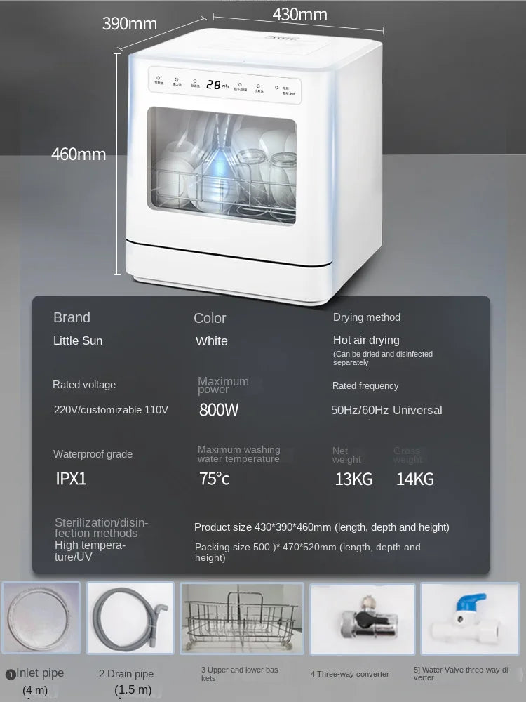 غسالة صحون محمولة جديدة 110V / 220V للمنزل، تركيب تلقائي بدون الحاجة للتثبيت، بوضعين لدخول الماء وتجفيف مستقل