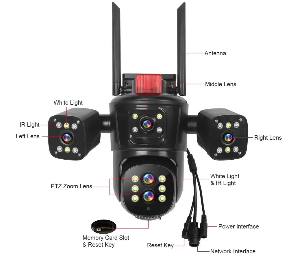 كاميرا أمان واي فاي PTZ بدقة 4K مع تتبع تلقائي وزوايا بانورامية متعددة، كاميرات مراقبة خارجية لاسلكية بدقة 20MP مع زوم 10X
