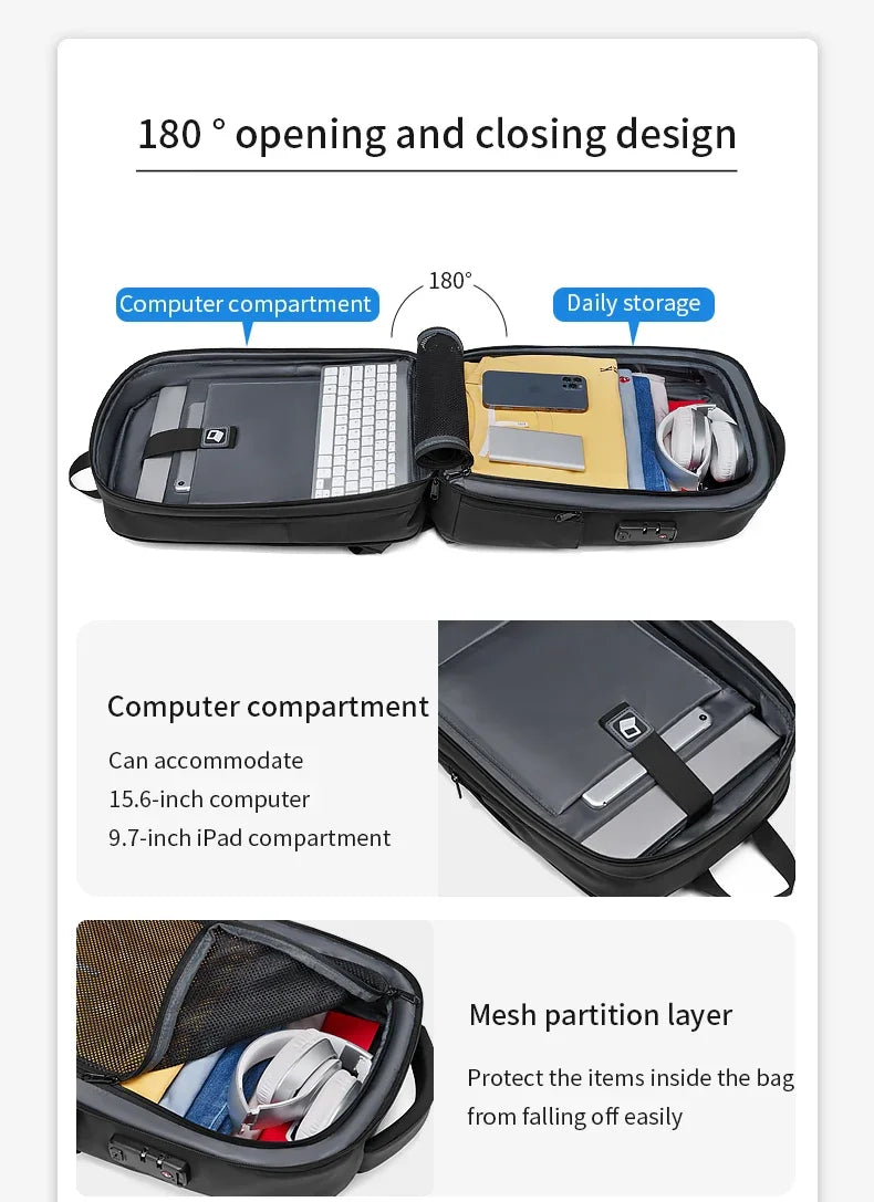 حقائب ظهر سفر للرجال مع توسعة 15.6 بوصة ضد السرقة مع إمكانية شحن USB ومقاومة للماء