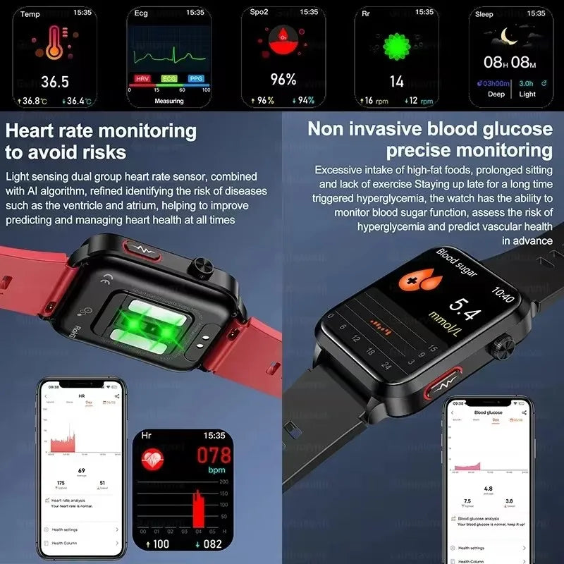 ساعة ذكية جديدة 2024 مع قياس ضغط الدم، مستوى السكر في الدم، ECG، بلوتوث، مكالمات، ومراقبة الصحة للأندرويد و IOS