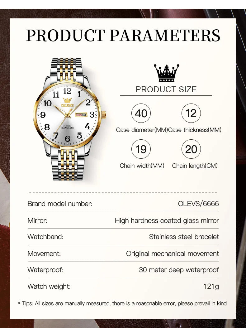 ساعة أوليفز للرجال الفاخرة الأصلية، ساعة ميكانيكية أوتوماتيكية مقاومة للماء من الفولاذ المقاوم للصدأ، تصميم أنيق للرجال