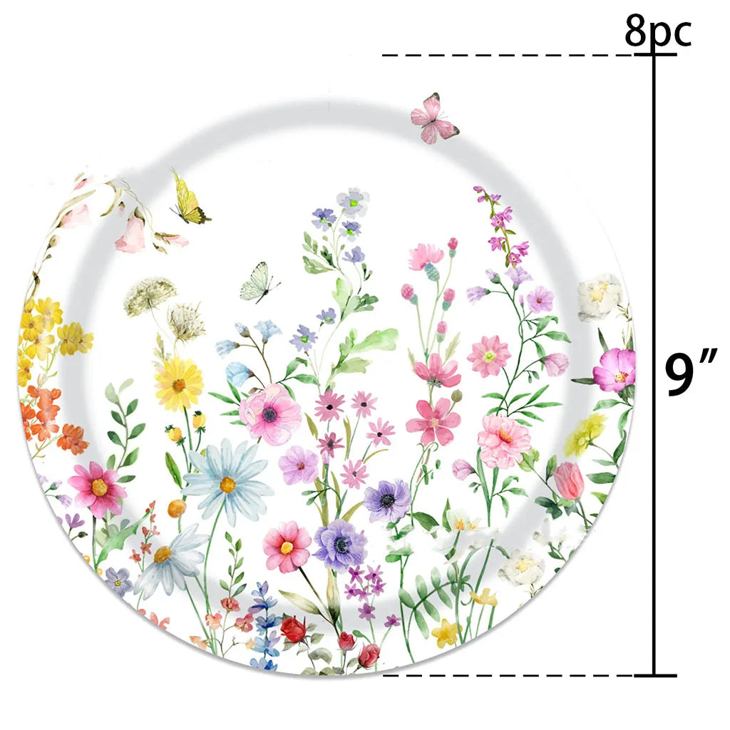 "مجموعة أدوات مائدة ورقية زهور الربيع مع فراشات طائرة لحفلات عيد الميلاد للفتيات - 8 قطع"