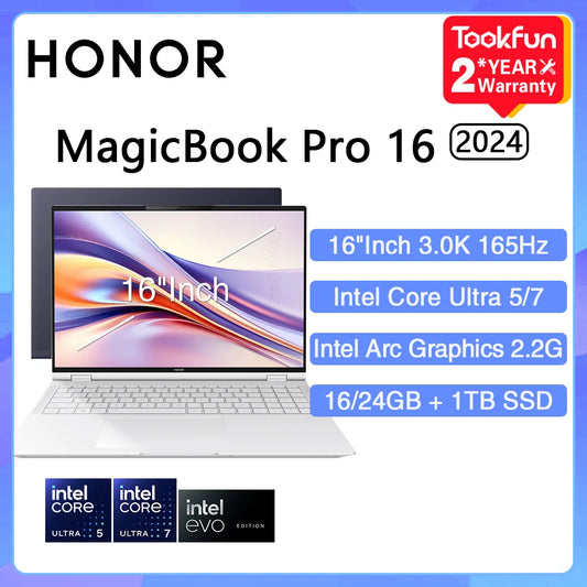 لابتوب HONOR MagicBook Pro 16 2024 بمعالج إنتل Ultra 5 125H مع رسومات Arc، سعة 16/24 جيجابايت، 1 تيرابايت، شاشة بحجم 16 بوصة بدقة 3K وتردد 165 هرتز