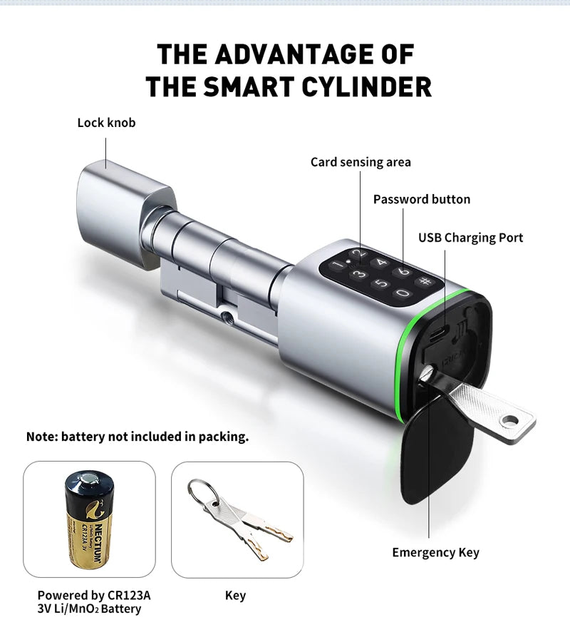 قفل ذكي بدون مفتاح من تويا بتقنية BLE مع أسطوانة دعم لمفتاح ميكانيكي من M1 وموصل طاقة طارئة USB وبصمة إصبع ورمز سري