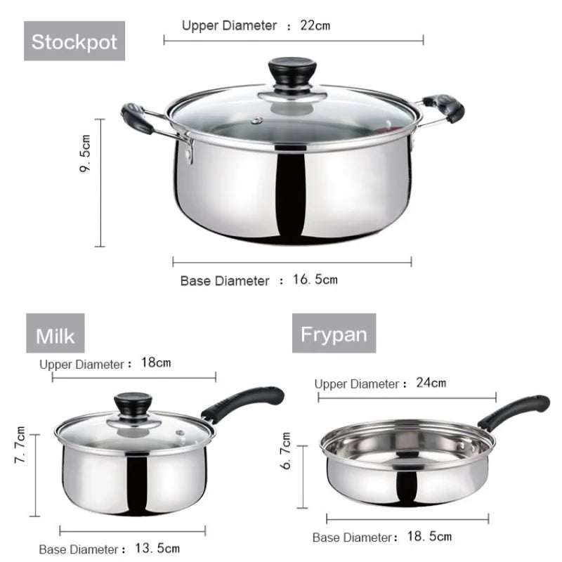 مجموعة أواني طهي من الفولاذ المقاوم للصدأ 3 قطع تشمل مقلاة، وعاء ضغط، ووعاء حساء