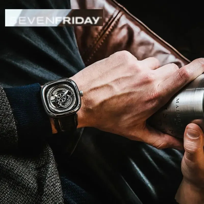 ساعة ميكانيكية رجالية مقاومة للماء من SEVENFRIDAY، بقرص كبير مربع، ذات حركة أوتوماتيكية، سلسلة S، تدعم NFC، بأسلوب نبيل، S2/01