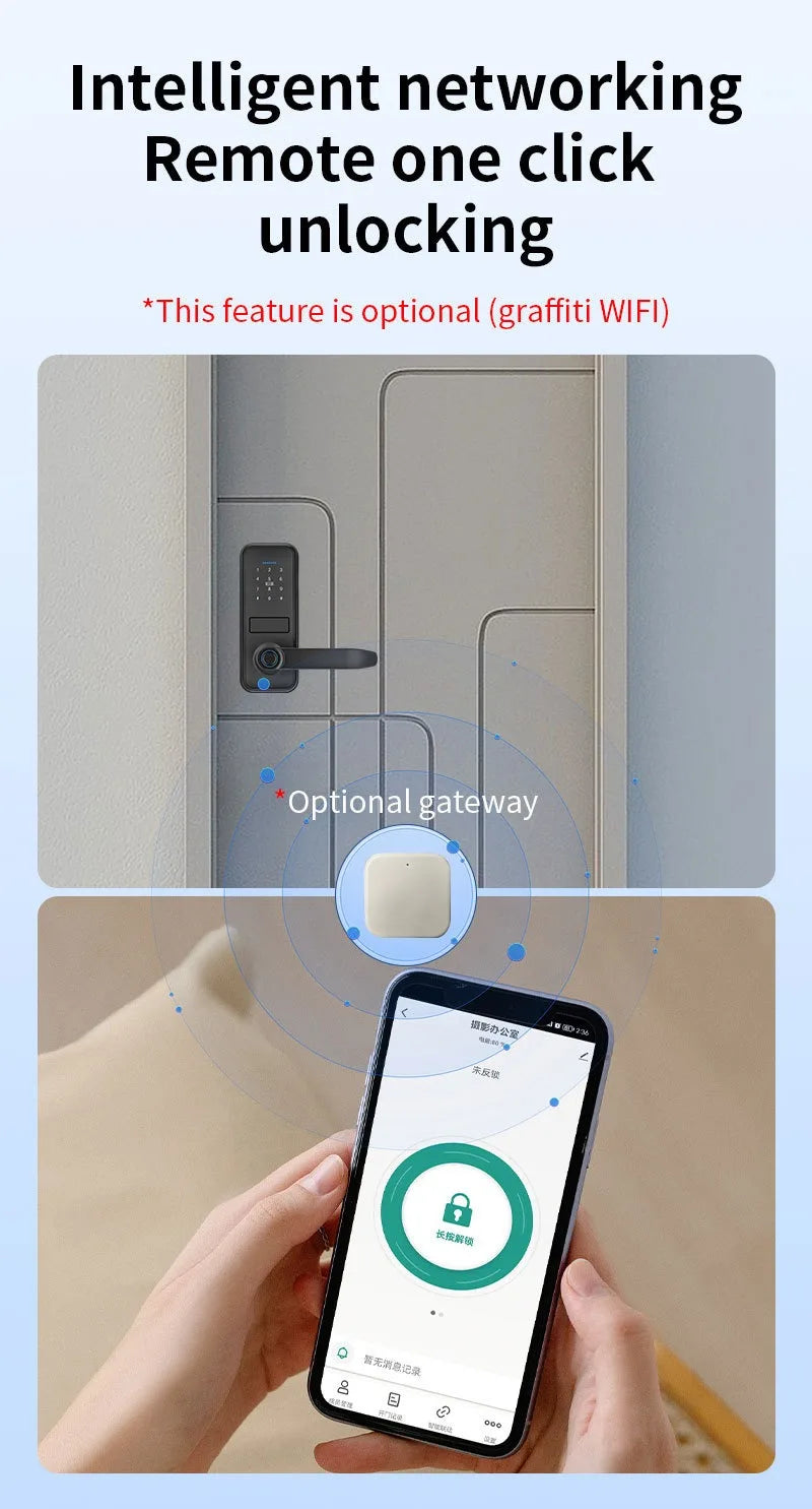 قفل باب ذكي بتقنية بصمة الإصبع وكلمة المرور عبر تطبيق TTlock من Tuya مع خاصية الفتح عن بُعد والبطاقة الذكية