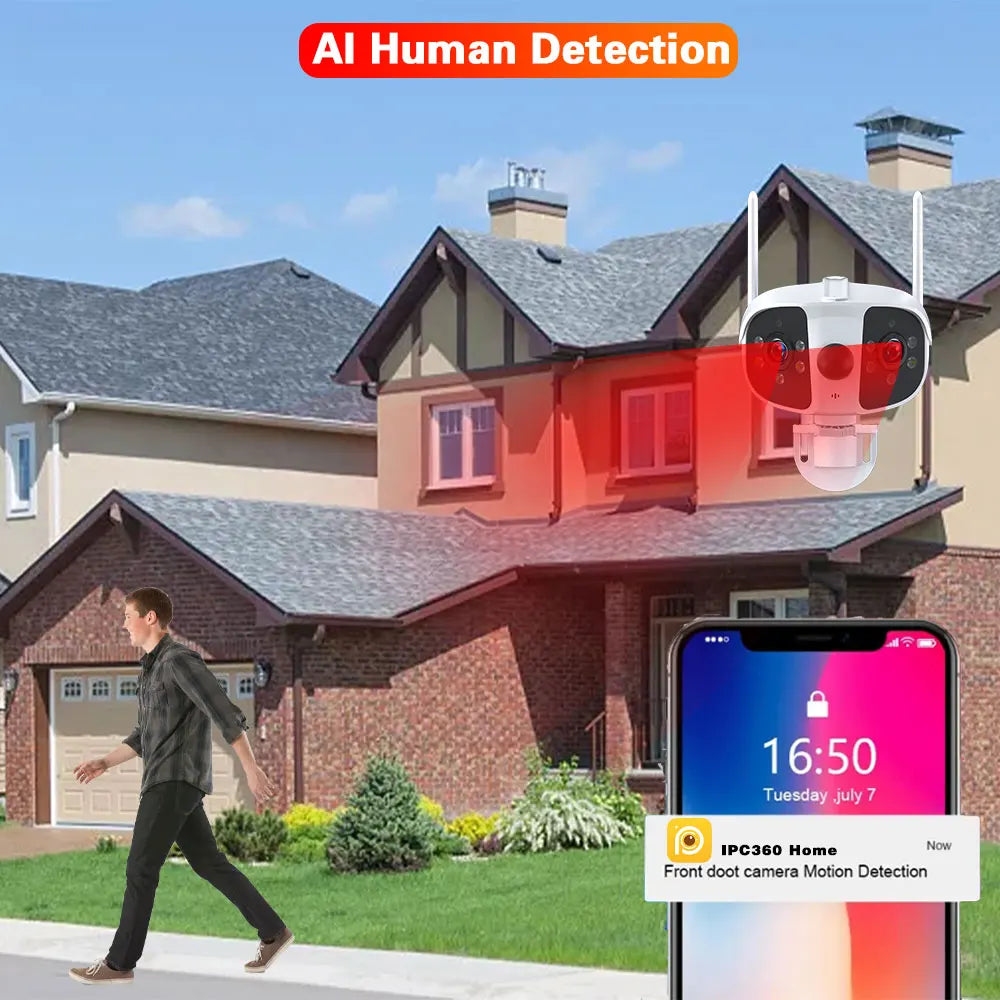 كاميرا مراقبة ذكية خارجية بدقة 4K و8MP بزاوية رؤية عريضة 180° مع نظام كشف البشر وتوصيل WIFI وعدستين مدمجتين IPC360