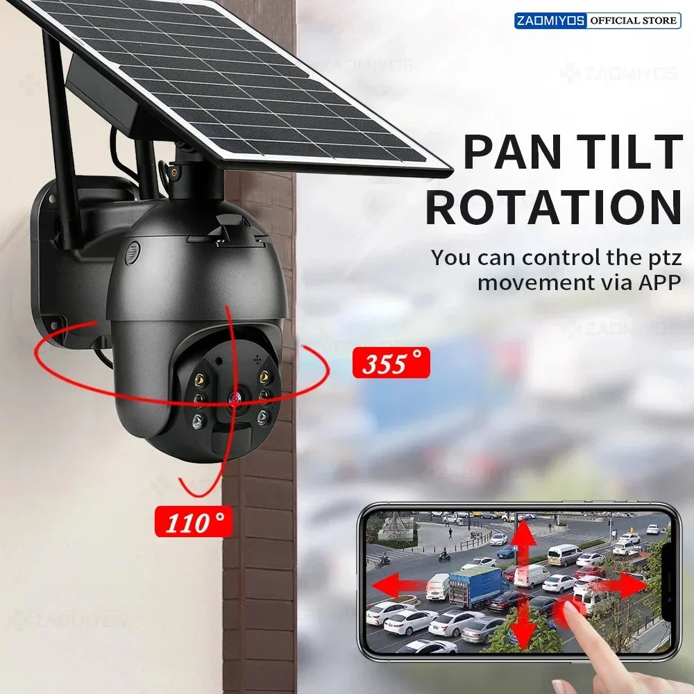 كاميرا شمسية خارجية بزوايا 360°، 5 ميجابكسل، تدعم شريحة SIM ورؤية ليلية، مزودة بطارية، وكاميرا أمان IP تعمل بتقنية PTZ مع كشف PIR.
