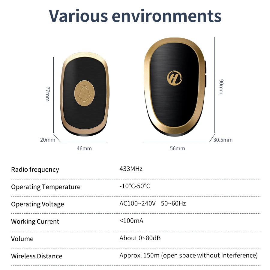 جرس باب لاسلكي RF 433MHz ذكي مع 38 نغمة ورنين وبطارية لمسافة 150م للمنزل والمتاجر