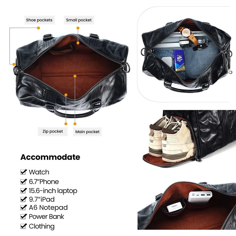 حقيبة سفر رجال جلد طبيعي مع حقيبة أحذية كبيرة سعة مناسبة للرحلات القصيرة والليلية