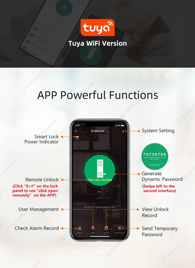 قفل ذكي بيومتري مقاوم للماء مع تطبيق واي فاي من YRHAND - قفل باب رقمي مع بصمة إصبع وبطاقة IC للمنزل